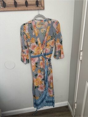 FARM Rio Blue Floral Midi Wrap Dress with Yellow and Pink Blooms